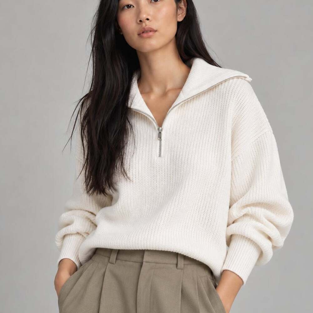 Elka Collective Ivory White Half-Zip Front Knit Sweater Top Size 10